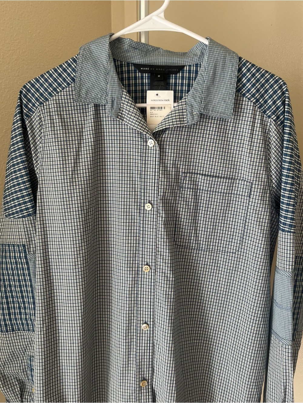 Marc by Marc Jacobs Blue Checkered Patchwork Long Sleeve Shirt Size M *READ* - Picture 3 of 14